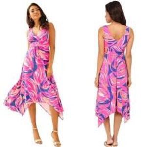 Lilly Pulitzer Sloane Midi Dress in Bomber Blue Plume Bloom Print V Neck.